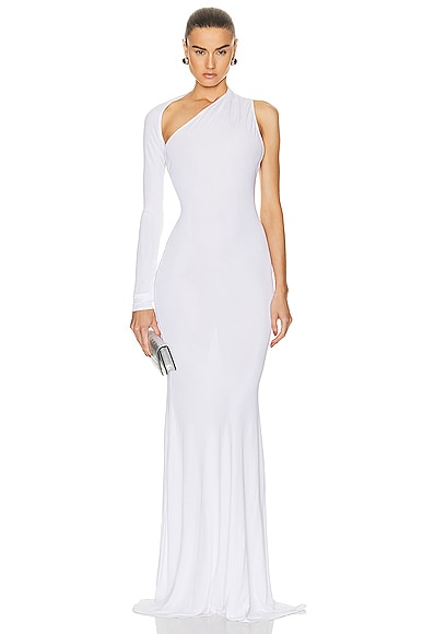 Alex Perry One Sleeve Wrap Ruched Gown in White