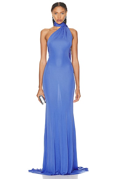 Alex Perry One Shoulder Wrap Scarf Gown in Periwinkle