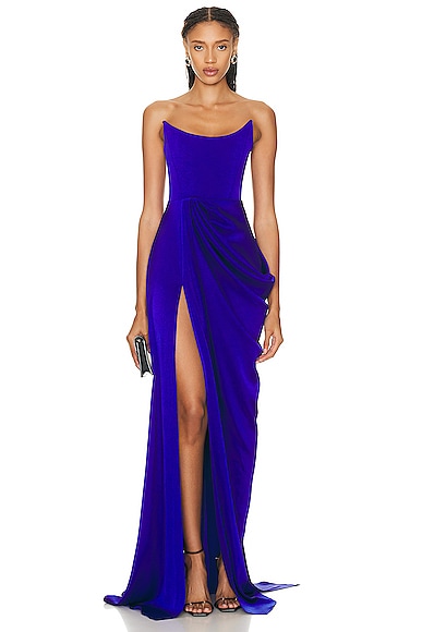 Curved Strapless Drape Gown