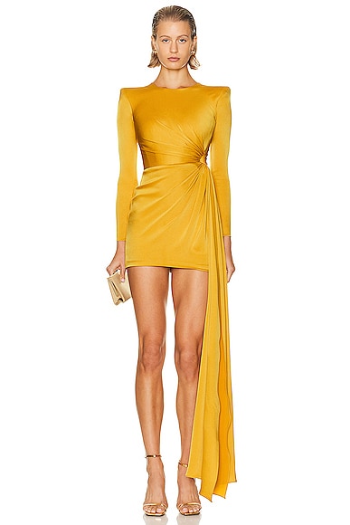 Alex Perry Long Sleeve Twist Satin Mini Dress in Gold