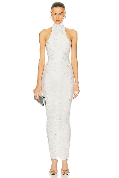Alex Perry Crystal Turtleneck Ruched Column Dress in White