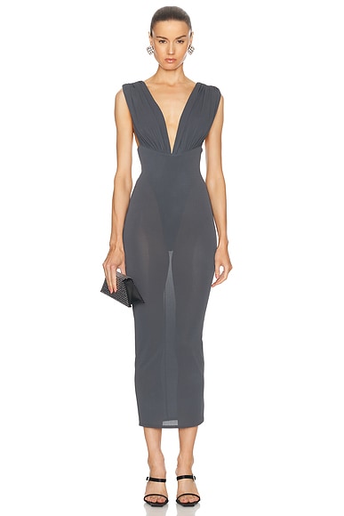 Alex Perry Ruched V Neck Dress in Iron