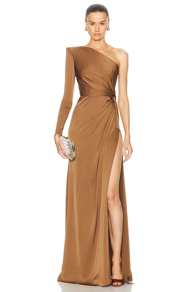 Alex Perry One Sleeve Twist Gown in Rust