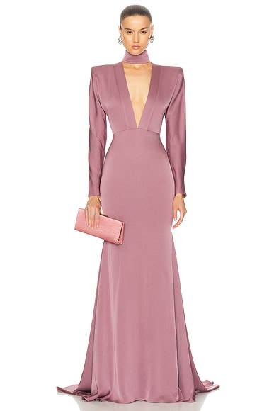 Alex Perry Long Sleeve V Neck Gown in Mauve