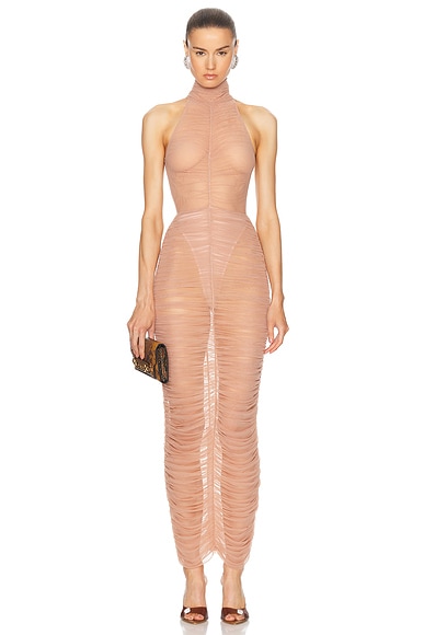 Alex Perry Ruched Mesh Maxi Dress in Sepia