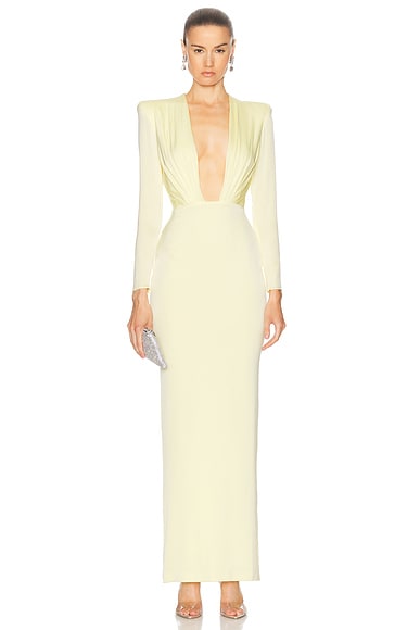 Alex Perry Plunging Satin Maxi Dress in Lemon