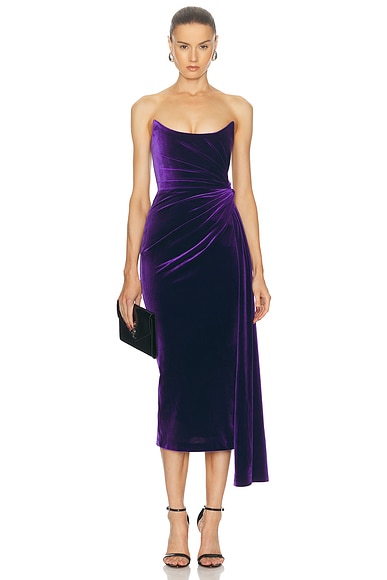 Alex Perry Strapless Twisted Velvet Midi Dress in Deep Violet