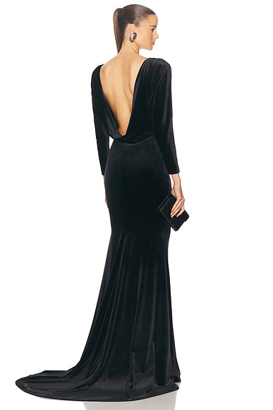 Alex Perry Draped Open Back Velvet Gown in Black