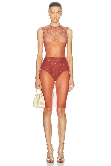 Alex Perry Crystal Mesh Midi Dress in Cognac