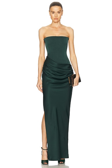 Strapless Draped Satin Gown in Forest Green