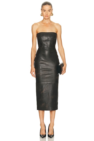 Alex Perry Strapless Leather Midi Dress in Dark Brown