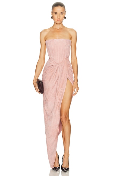 Strapless Suede Corset Drape Gown