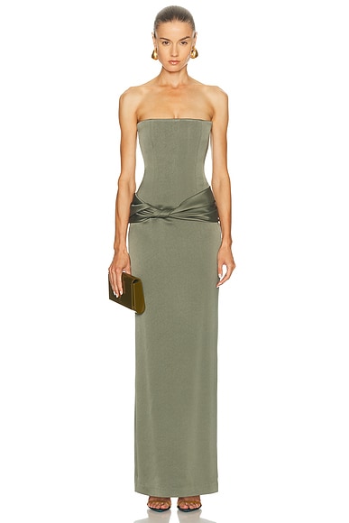 Alex Perry Strapless Longline Corset Twist Drape Column Dress in Deep Sage