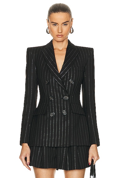 Alex Perry Pinstripe Fitted Double Breasted Blazer in Black
