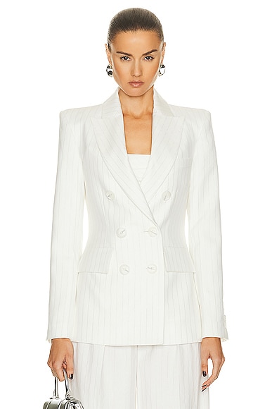 Alex Perry Pinstripe Fitted Double Breasted Blazer in White