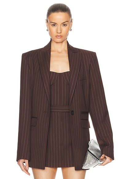 Alex Perry Lurex Pinstripe Single Breasted Oversize Blazer in Chocolate