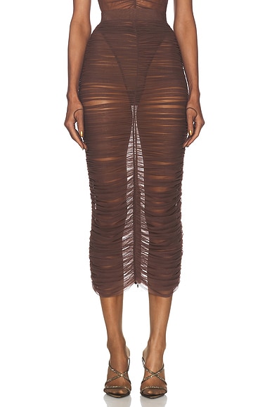 Alex Perry Ruched Mesh Midi Skirt in Raisin