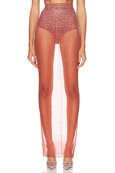 Alex Perry Crystal Mesh Maxi Skirt in Cognac