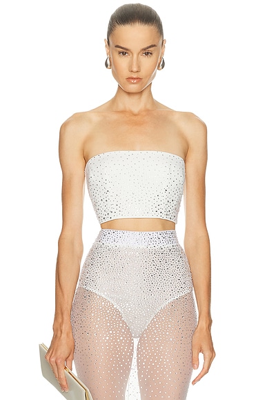 Alex Perry Crystal Mesh Strapless Crop Top in White