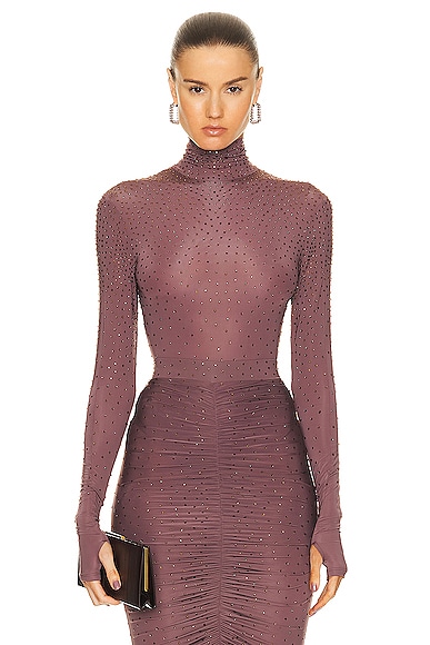 Alex Perry Turtleneck Long Sleeve Bodysuit in Taupe Rose