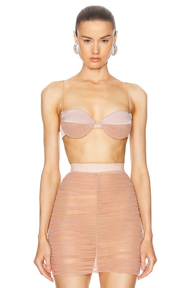 Alex Perry Ruched Mesh Satin Bra Top in Sepia