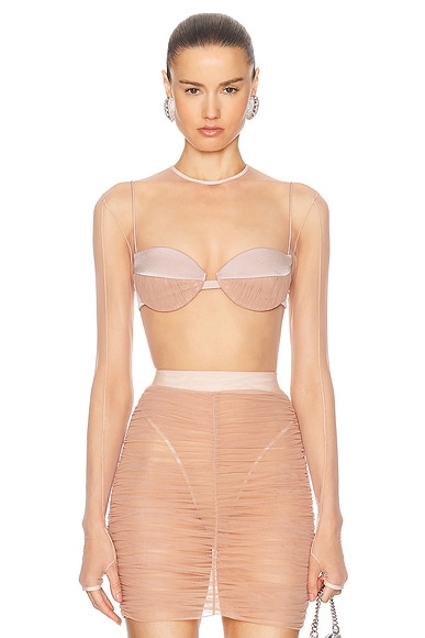 Alex Perry Sheer Mesh Bodysuit in Sepia