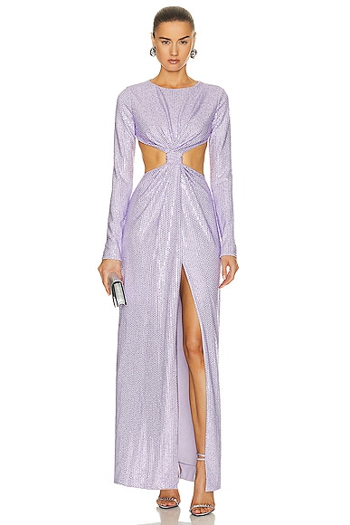 AREA Crystal Embellished Front Knot Gown in Lilac