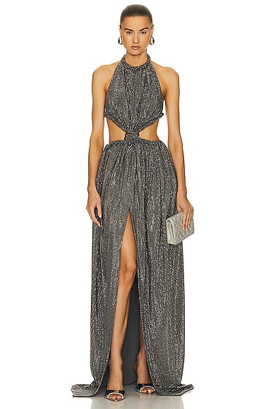 AREA Crystal Embellished Cutout Halter Gown in Charcoal