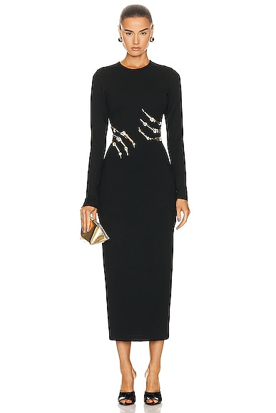 AREA Crystal Claw Cutout Midi Dress in Black