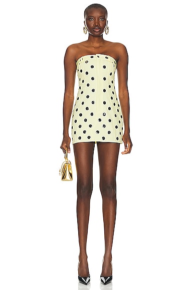 AREA Polka Dot Strapless Mini Dress in Cream Yellow