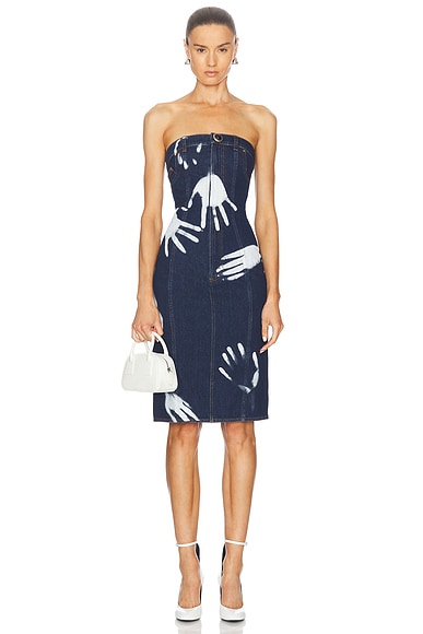 AREA Handprint Strapless Midi Dress in Dark Blue