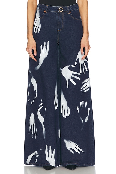AREA Handprint Wide Leg Jeans in Dark Blue