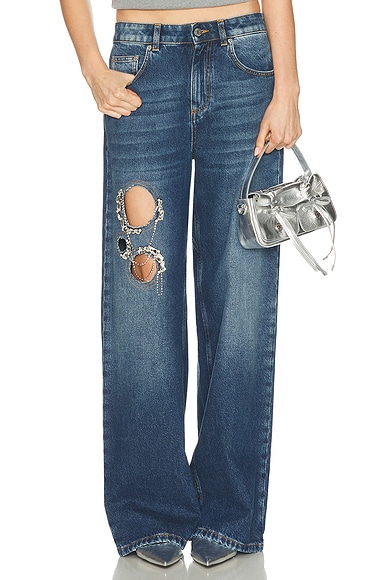 AREA Crystal Chain Cutout Relaxed Leg in Medium Blue