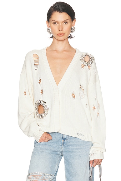 AREA Distressed Crystal Cardigan in Cream