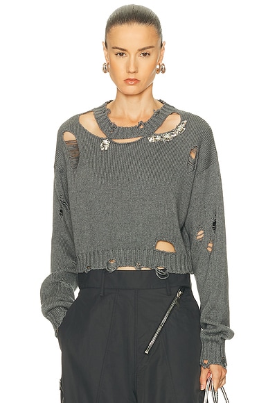 AREA Distressed Crystal Crewneck Sweater in Heathered Grey