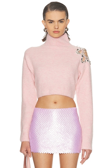 AREA Flower Cropped Turtleneck Sweater in Baby Pink