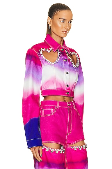 Shop Area Crystal Heart Cutout Ombre Denim Jacket In Pink Multi