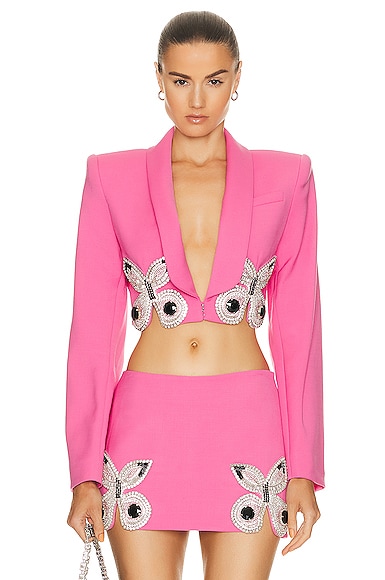 AREA Embroidered Butterfly Cropped Blazer In Carmine Pink in Carmine Rose