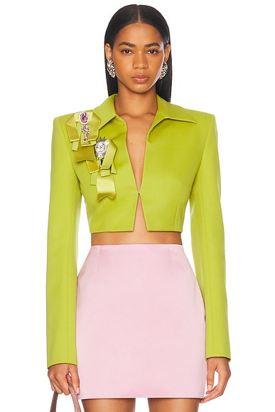 AREA Crystal Embellished Bow Cropped Jacket in Chartreuse