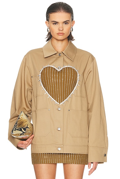 AREA Crystal Heart Cutout Cargo Jacket in Tan