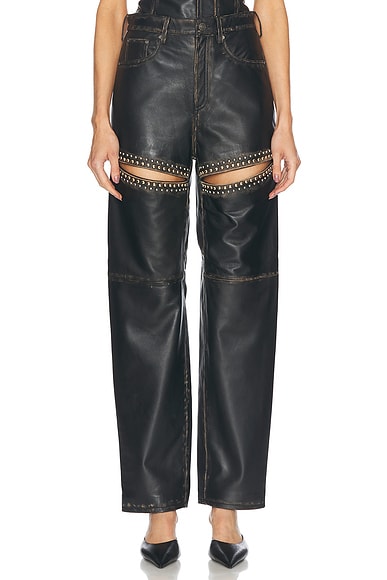 AREA Studded Leather Slit Leg Pant in Black