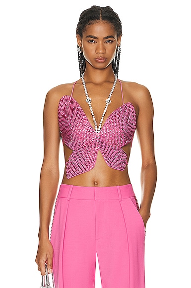 AREA Crystal Embellished Butterfly Top in Carmine Rose