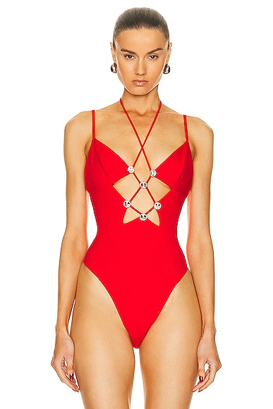 Shop Area Star Cutout Bodysuit In Scarlet