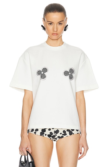 AREA Crystal Embellished Flower Top in Whipped White