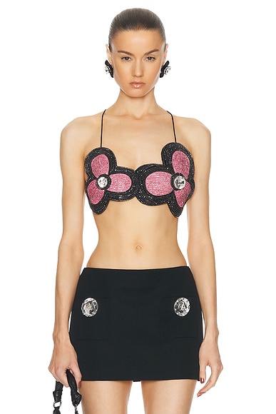 AREA Embroidered Crystal Flower Bra Top in Multi Pink