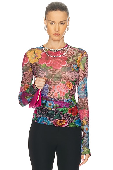 Crystal Embellished Printed Tulle Long Sleeve Top