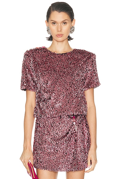 AREA Sequin T-Shirt in Metallic Rose
