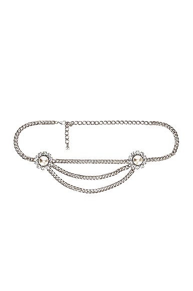 Alessandra Rich Crystal And Pearl Chain Belt In Crystal & Silver