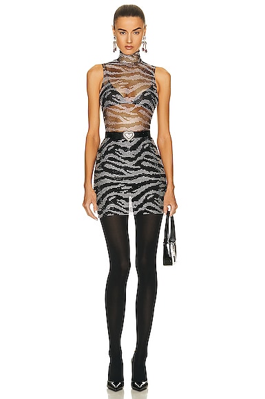 Zebra Pattern Crystal Net Mini Dress