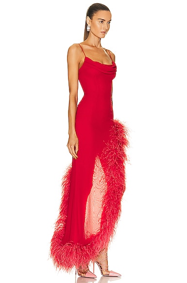 Shop Alessandra Rich Silk Feather Gown In Red